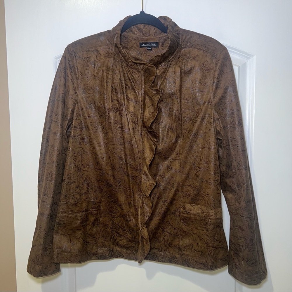 Notations Women's Brown Lightweight Zip Up Ruffle Front Feminine Jacket. Size L